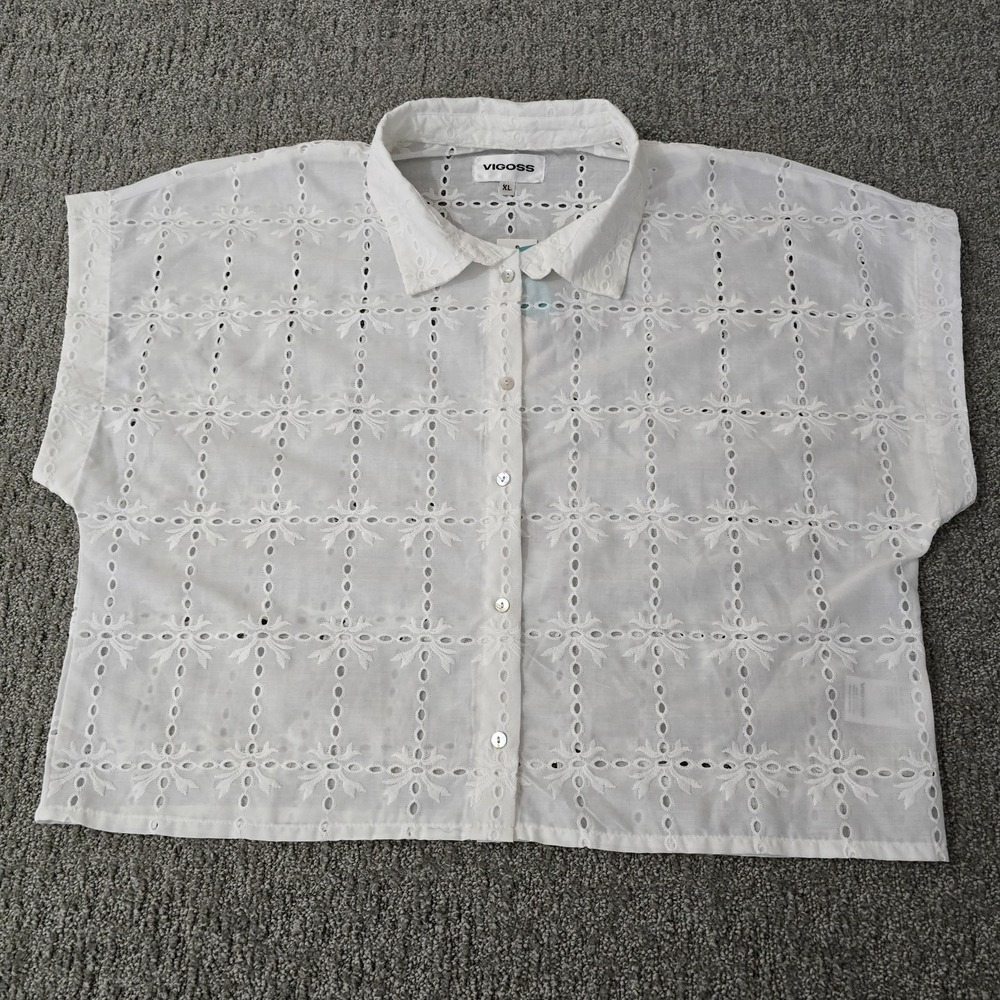 Vigoss Womens XL White Eyelet Embroidered Button Down Shirt Blouse NWT Cottage